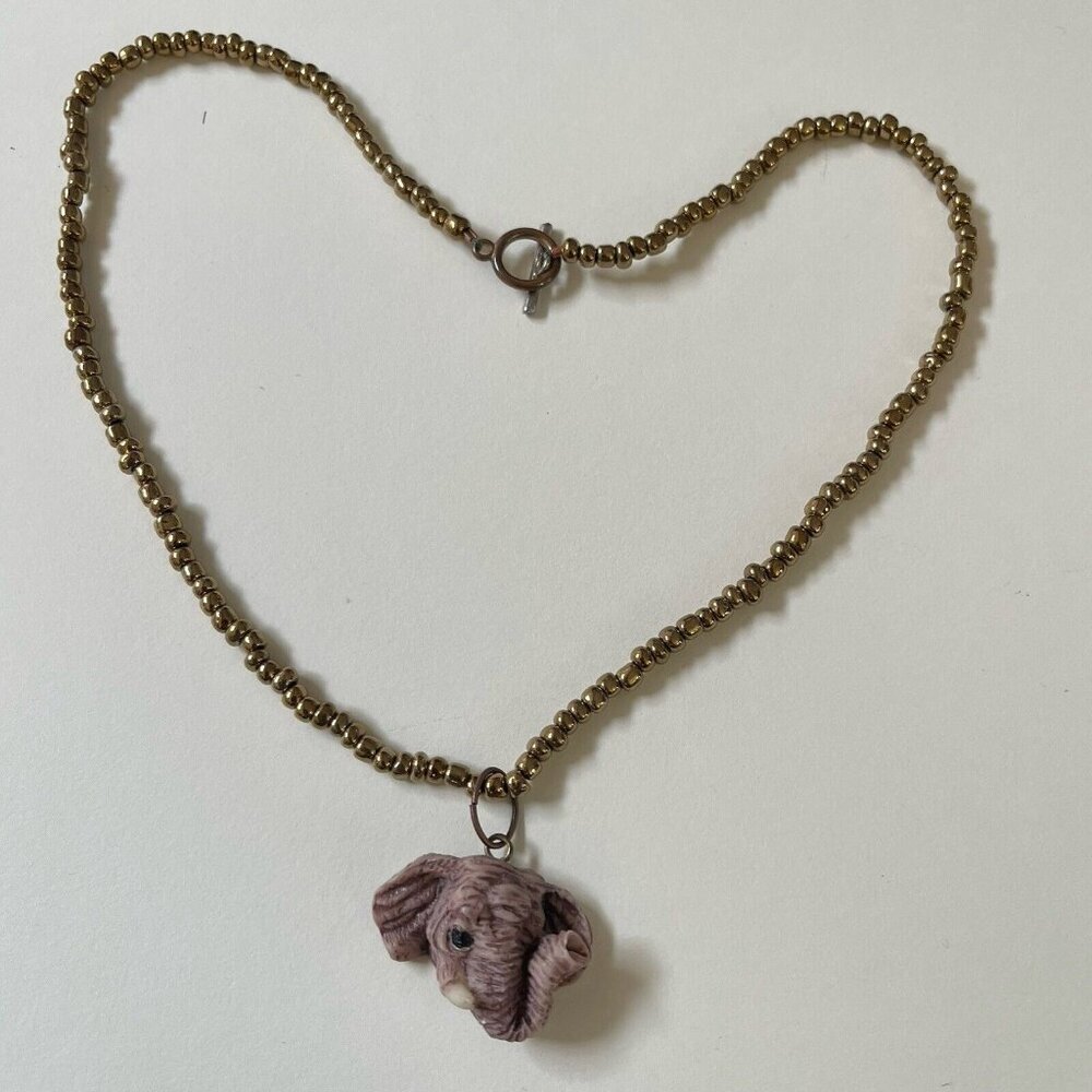 Elephant Pendant Gold Tone Beaded Necklace Trunk Tusk Animal Grunge Festival